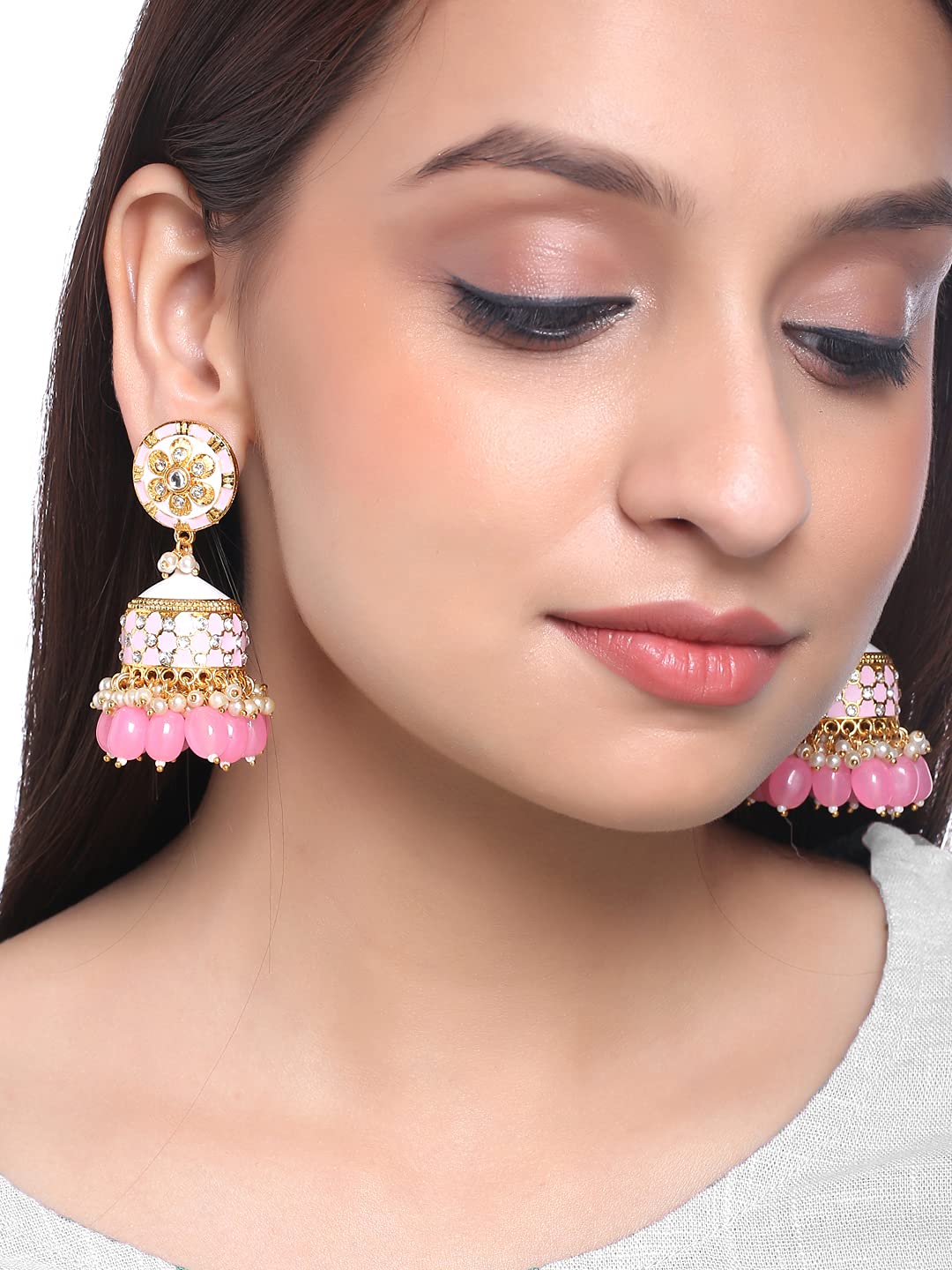 Yellow Chimes Traditional Gold Toned Pink Floral Design Pearl Meenakari Jhumka Jhumki Earrings for Women and Girls, Medium (YCTJER-92MNKJHK-PK)