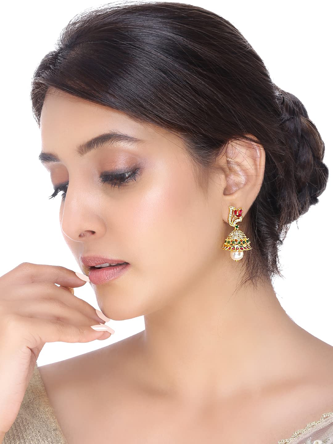 Yellow Chimes Classic AD/American Diamond Studded Pink Floral Design Pearl Drop Gold Plated Jhumka Jhumki Earrings for Women and Girls, Medium