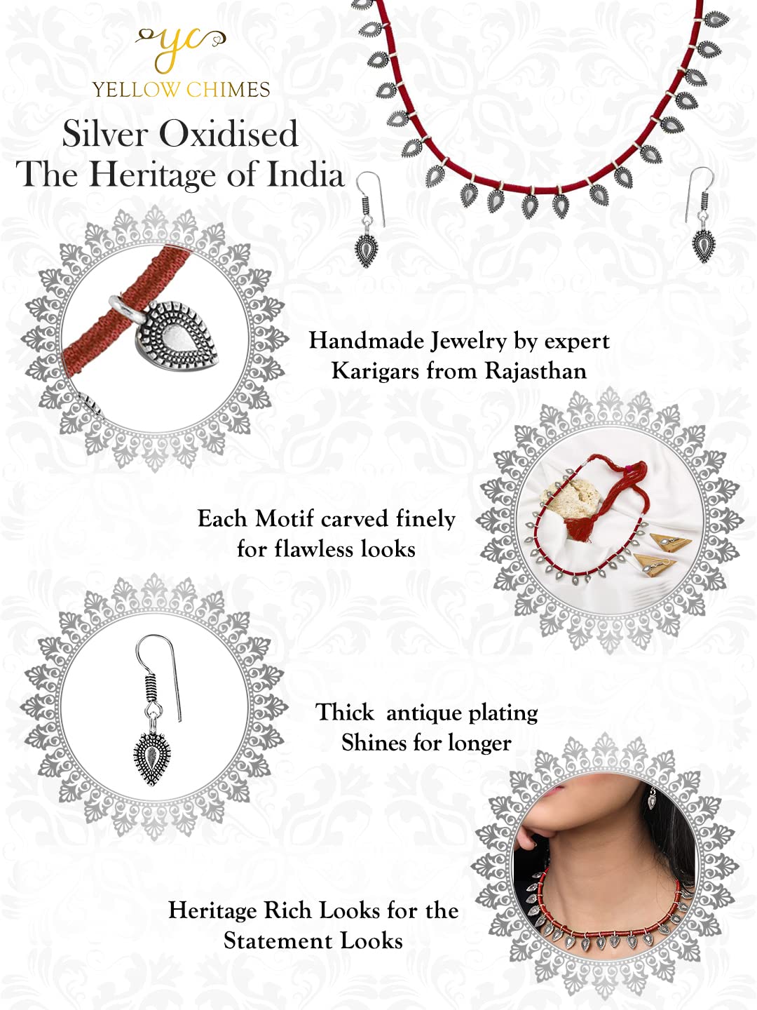 Yellow Chimes Jewellery Set for Women and Girls Traditional Silver Oxidised Jewellery Set Maroon Choker Set | Handmade Dori Work Threaded Charm Choker Necklace Set | Birthday Gift For Girls and Women Anniversary Gift for Wife