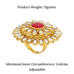 Yellow Chimes Women's Traditional Red Cocktail Adjustable Stone Gold Plated Kundan Studded Cocktail Finger Ring