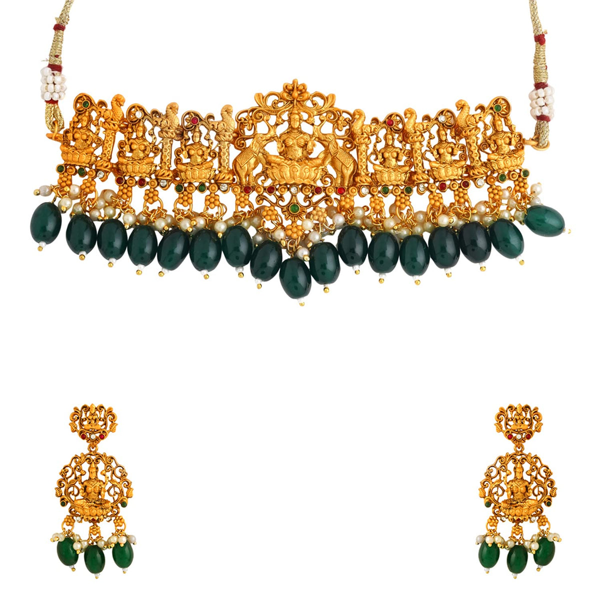 Yellow Chimes Jewellery Set for Women and Girls Temple Jewellery Set for Women | Gold Plated Green Beads Drop Choker Necklace Set | Birthday Gift for girls and women Anniversary Gift for Wife