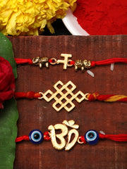 Yellow Chimes Combo of 3 Pcs Handmade Dori Worked Gold Toned OM Initial Letter N and Celtic Design Evil Eye Beads Rakhi for Brother with Roli & Chawal, Red, Gold, Medium (YCTJRK-27BHAY-GL)