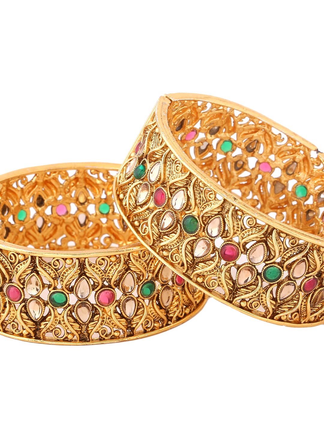 Yellow Chimes Bangles for Women Gold Toned Red Stone Studded Set of 2 Pcs Meenakari Touch Bangles for Women and Girls