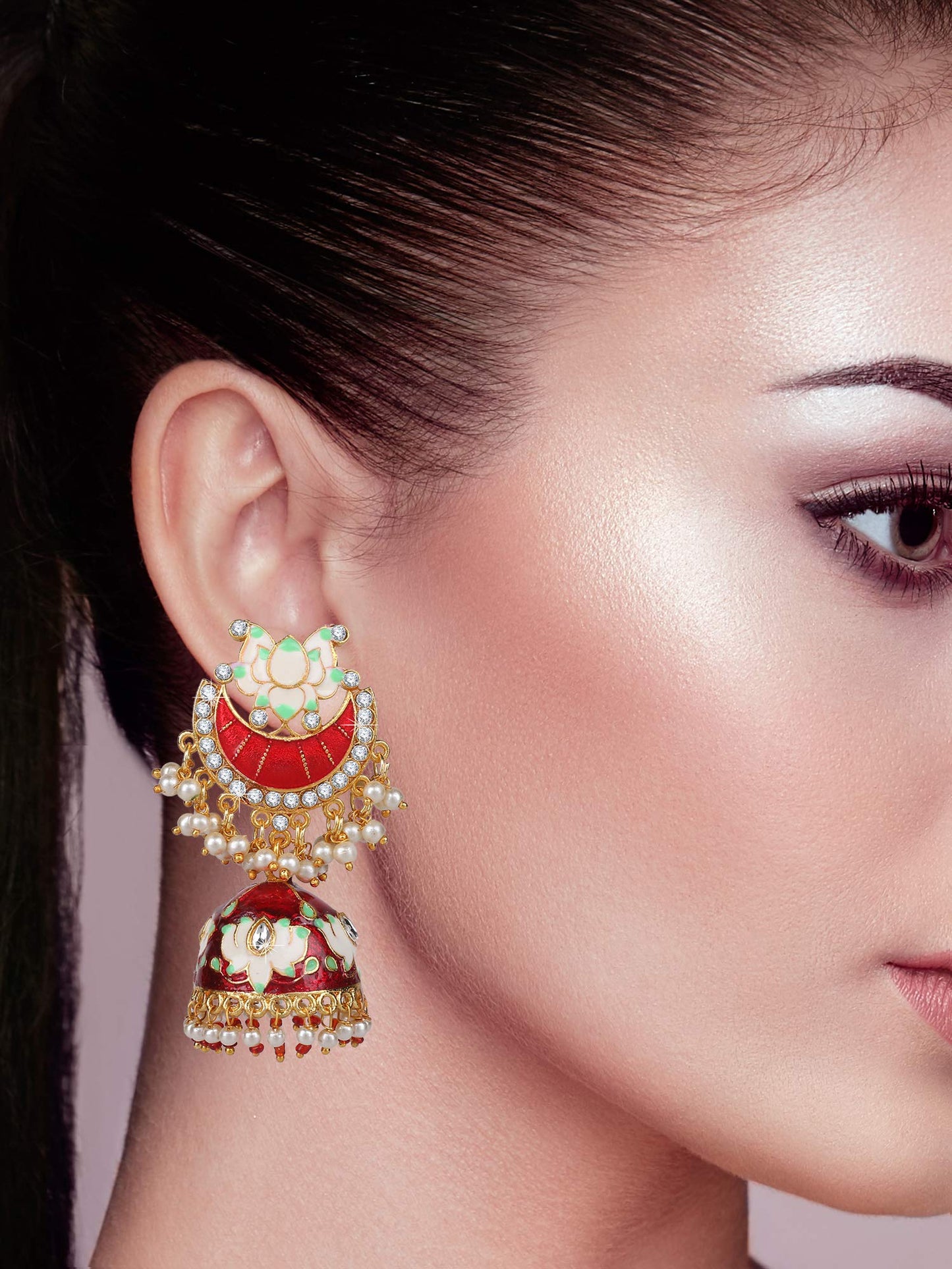 Yellow Chimes Celebrity Choice Meenakari Handcrafted 18k Gold Plated Copper Red Golden Lotus Meenakari Traditional Jhumka/Jhumki Earrings for Women