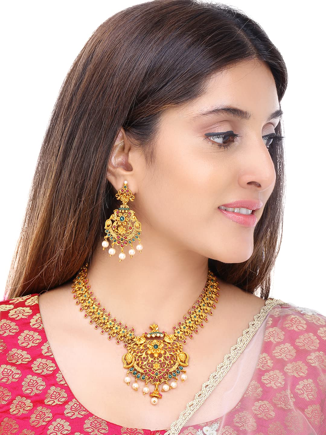 Yellow Chimes Ethnic Gold Plated Temple Jewellery Set Traditional Floral Design Choker Necklace Set for Women and Girls, medium (YCTJNS-24TFLWPK-GL)