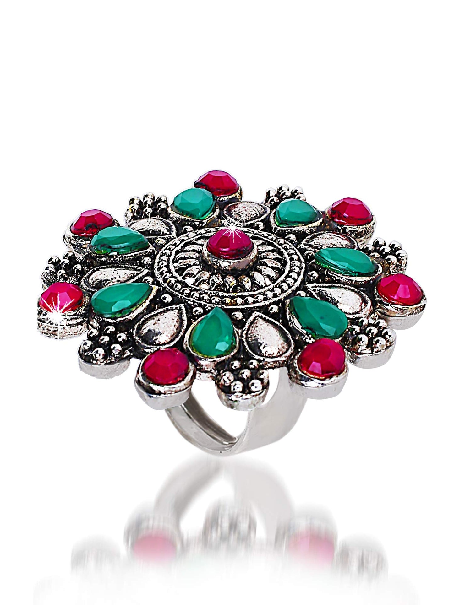 Yellow Chimes Floral Charm Ruby Stones Silver Oxidized Traditional Adjustable Ring for Women