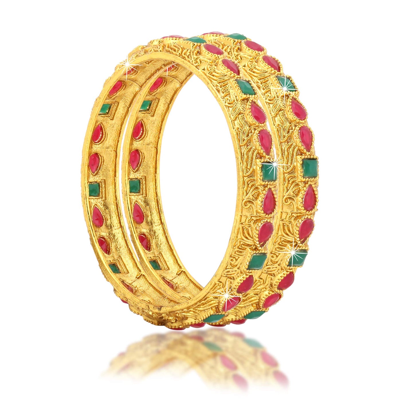 Yellow Chimes Classic Design Studded Stones 2 PCs Traditional Gold Plated Bracelet Bangles Set for Women and Girls (2.4)