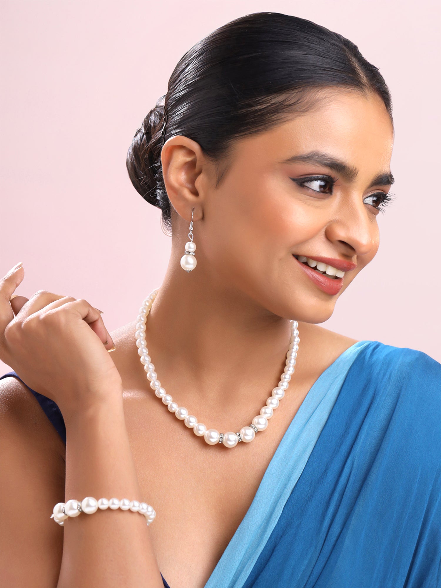 Yellow Chimes White Pearl Necklace Set with Bracelet Earrings