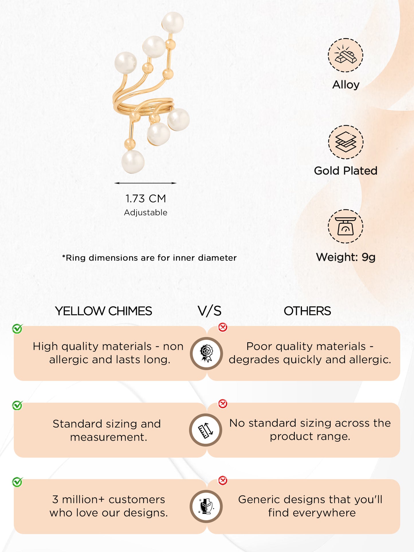 Yellow Chimes gold plated pearl ring - stylish party accessory