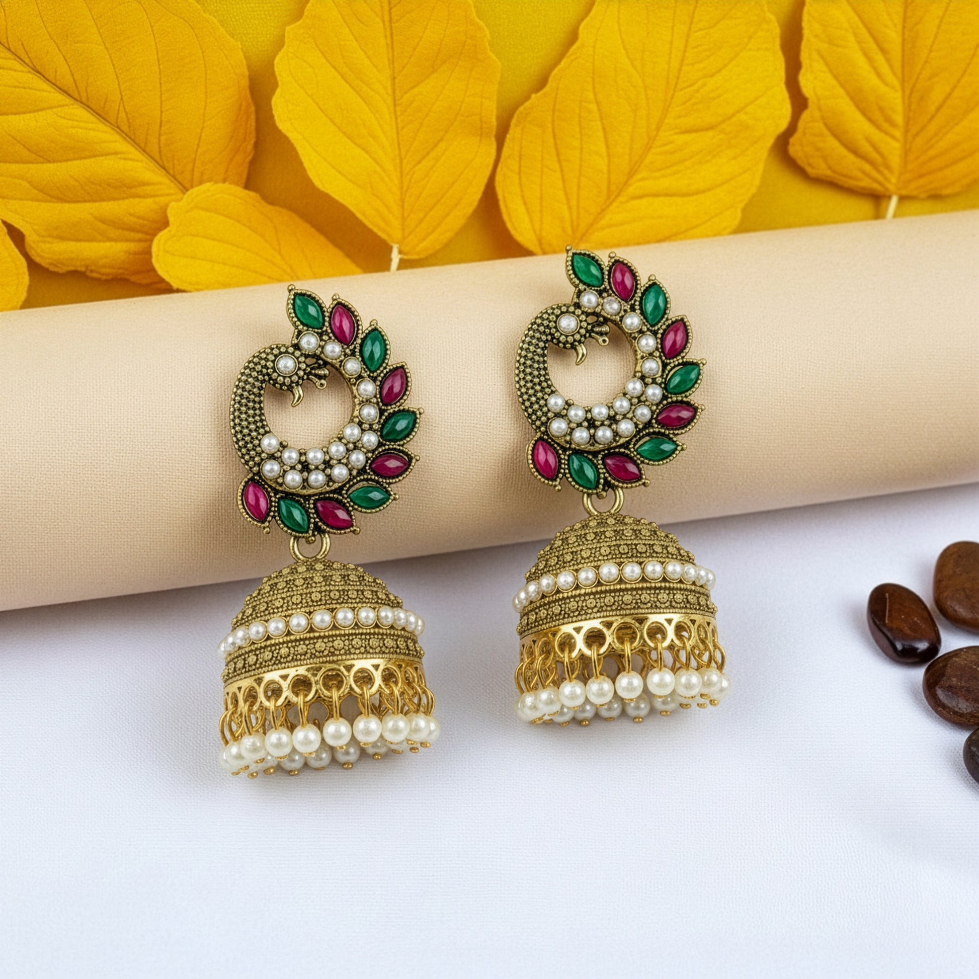Yellow Chimes Peacock Style Jhumka Earrings - Ethnic Wear