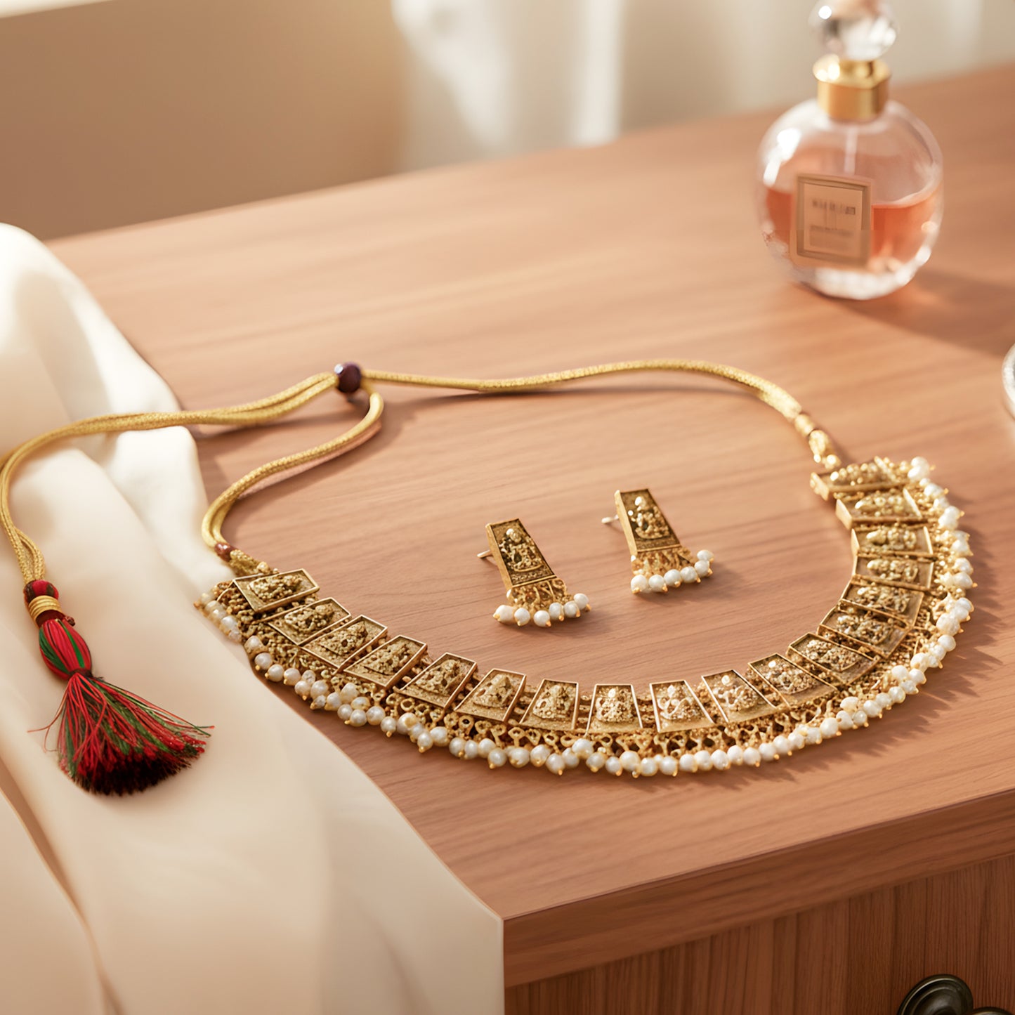 Yellow Chimes antique matte gold tone necklace - traditional wedding wear