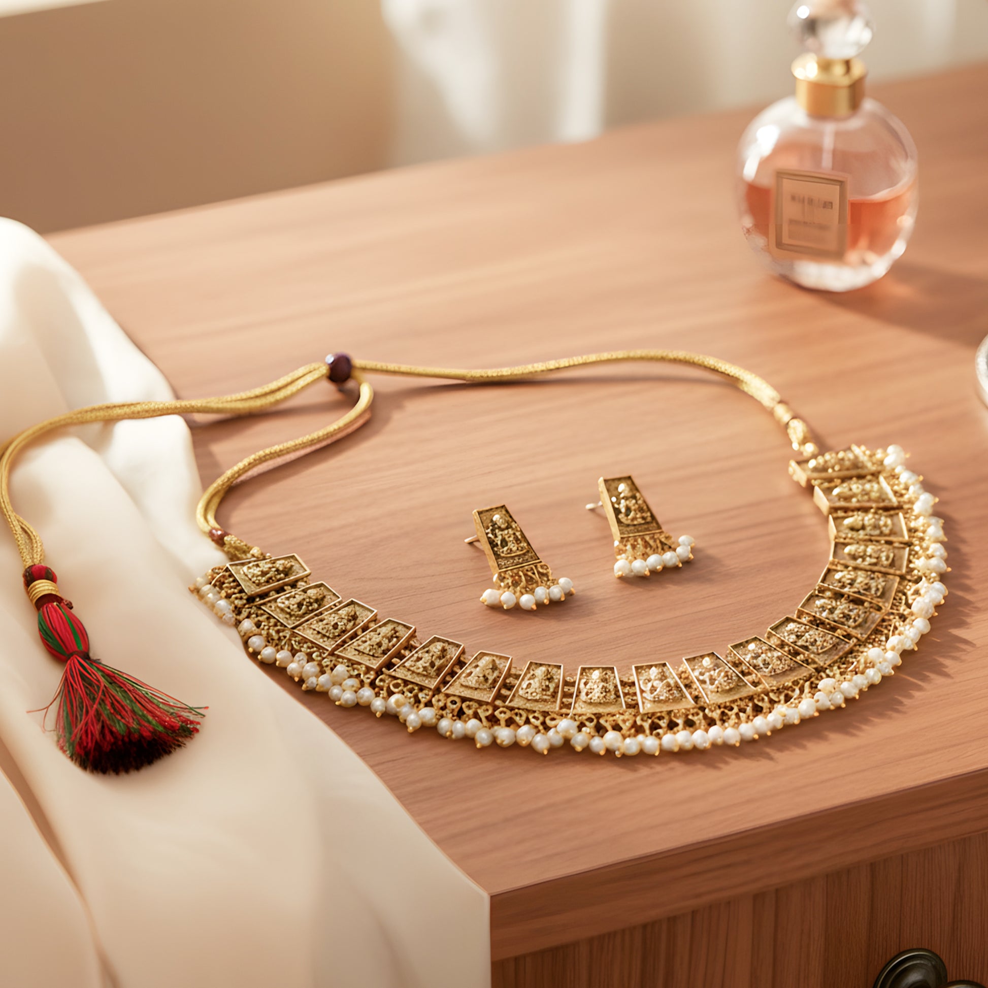 Yellow Chimes antique matte gold tone necklace - traditional wedding wear