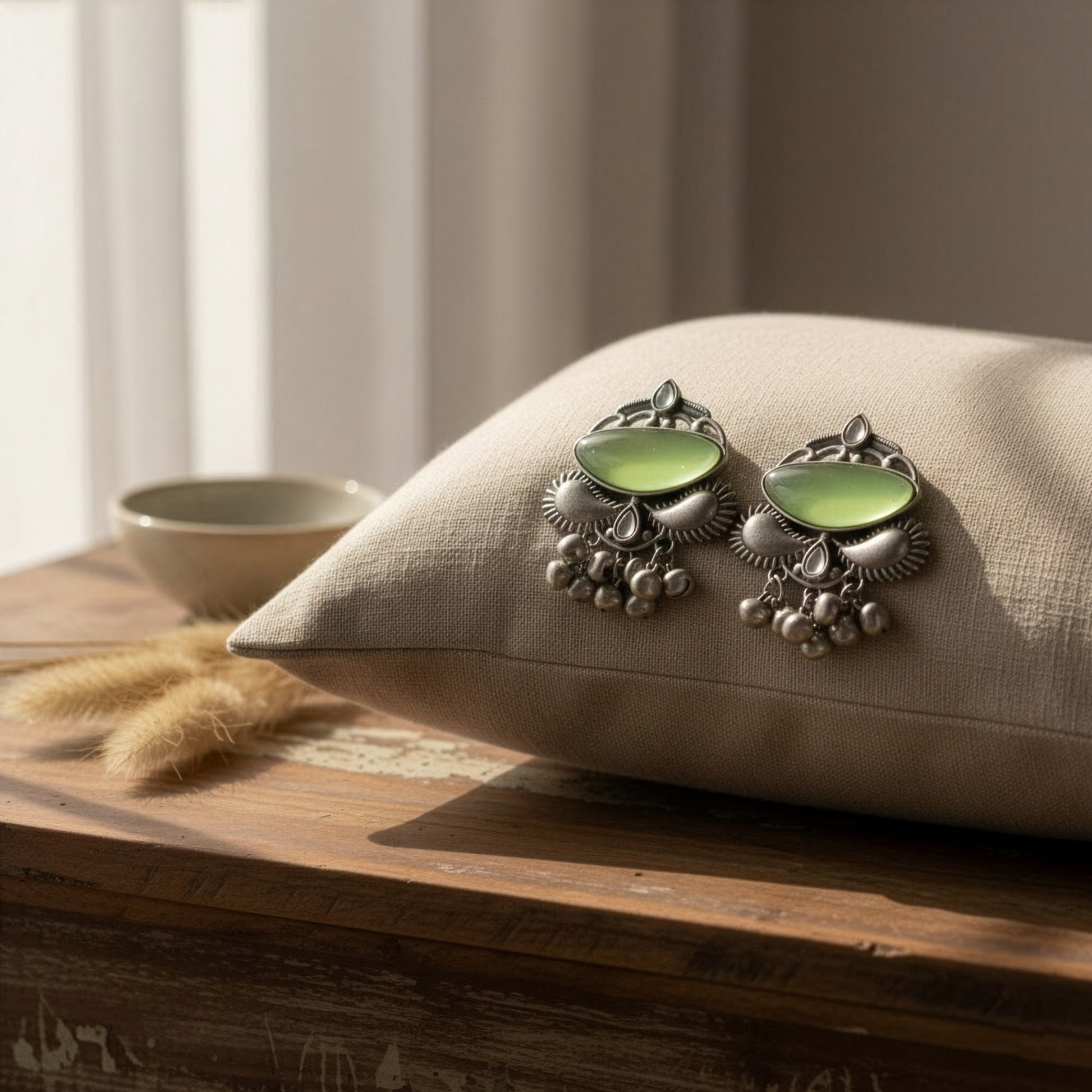 Yellow Chimes mint green stone earrings - festive outfit