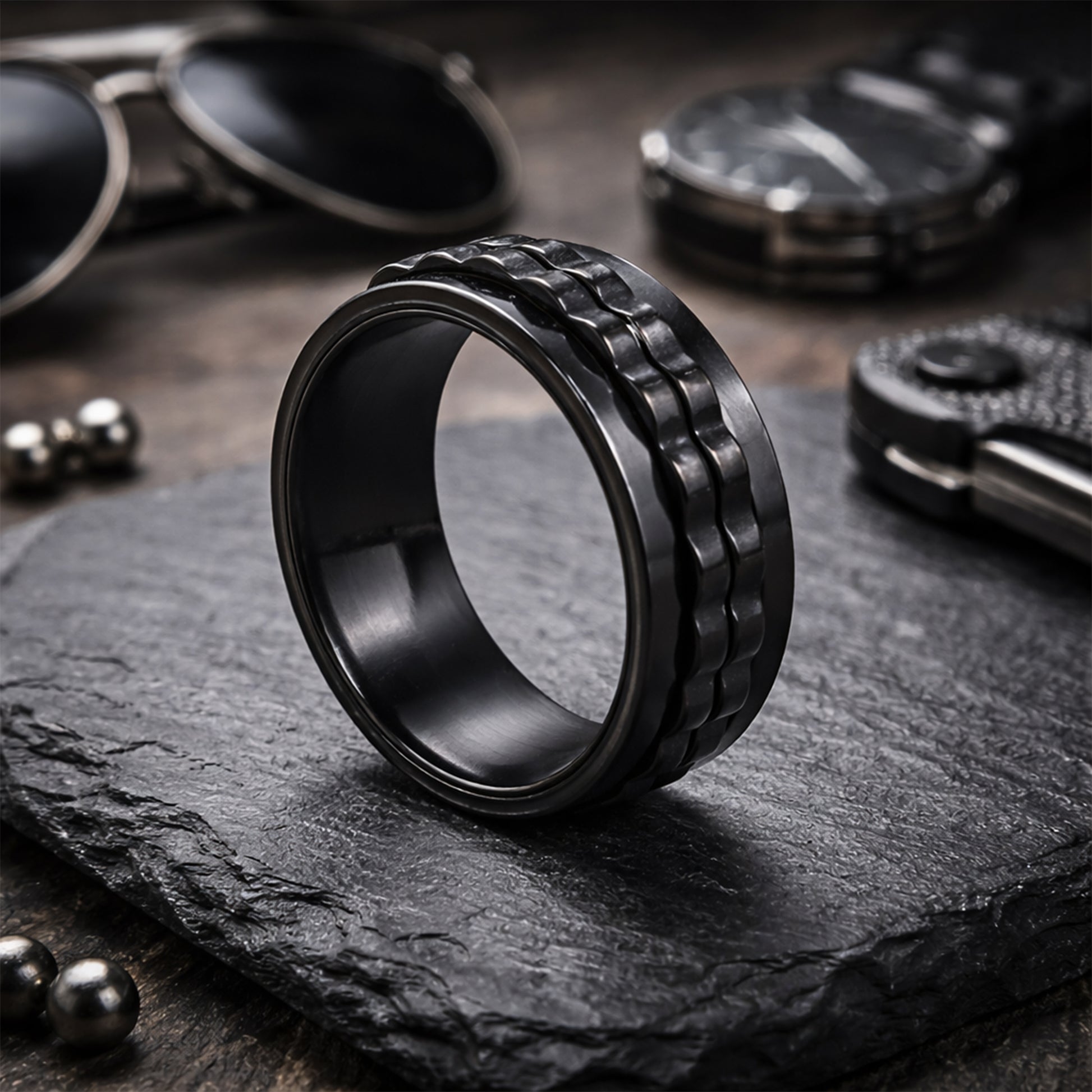 Yellow Chimes mens black fidget spinner ring - trendy fashion statement