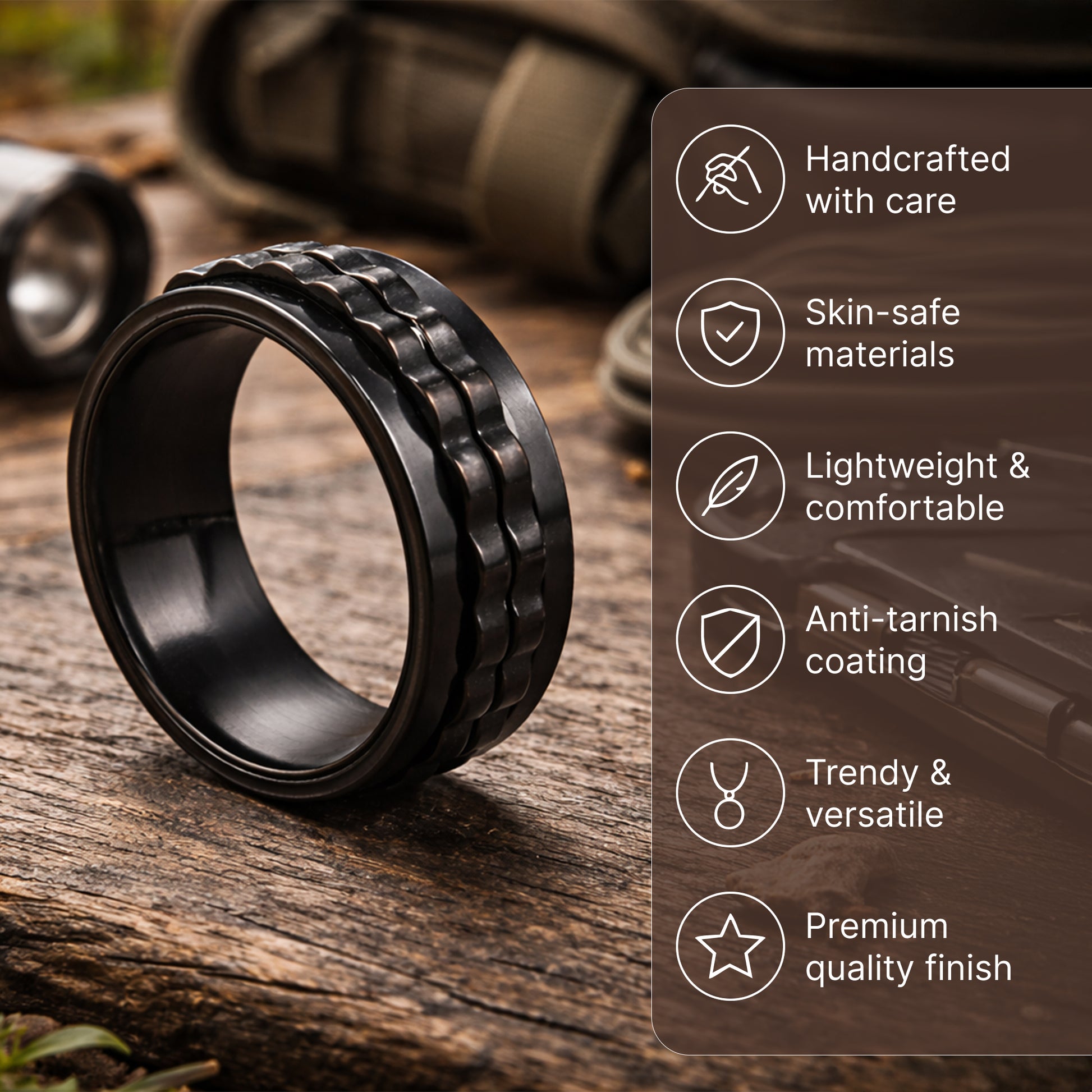Yellow Chimes mens black fidget spinner ring - daily wear accessory