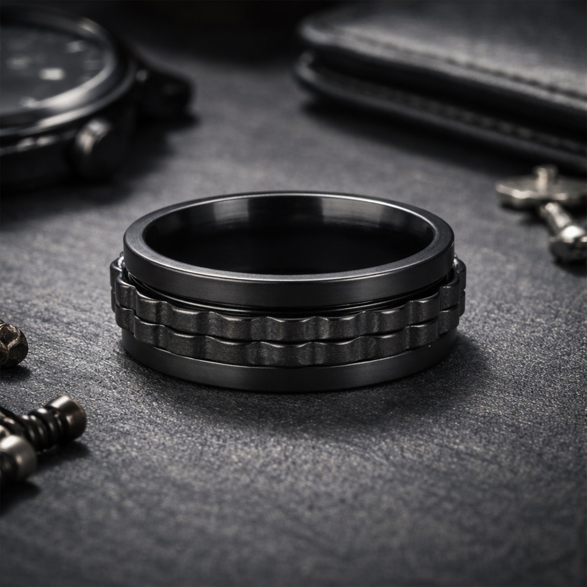 Yellow Chimes mens black fidget spinner ring - stylish party jewelry