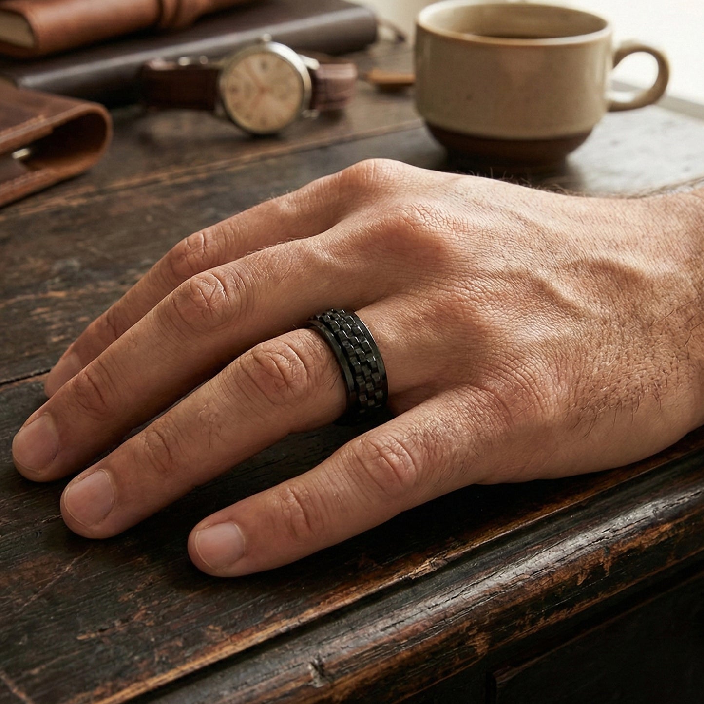Yellow Chimes mens black fidget spinner ring - comfortable everyday ring