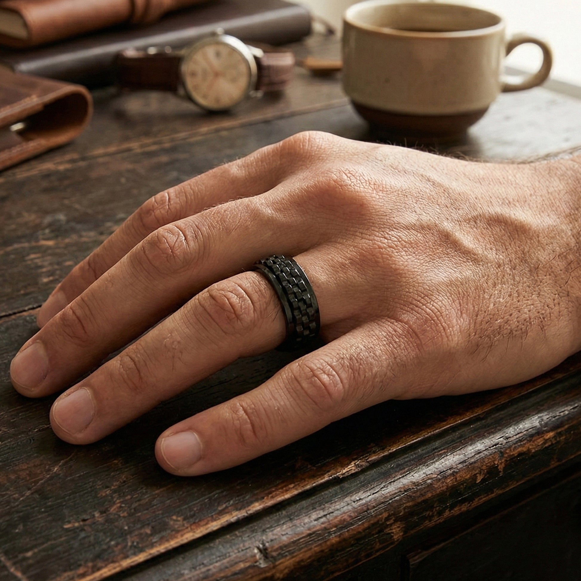 Yellow Chimes mens black fidget spinner ring - comfortable everyday ring