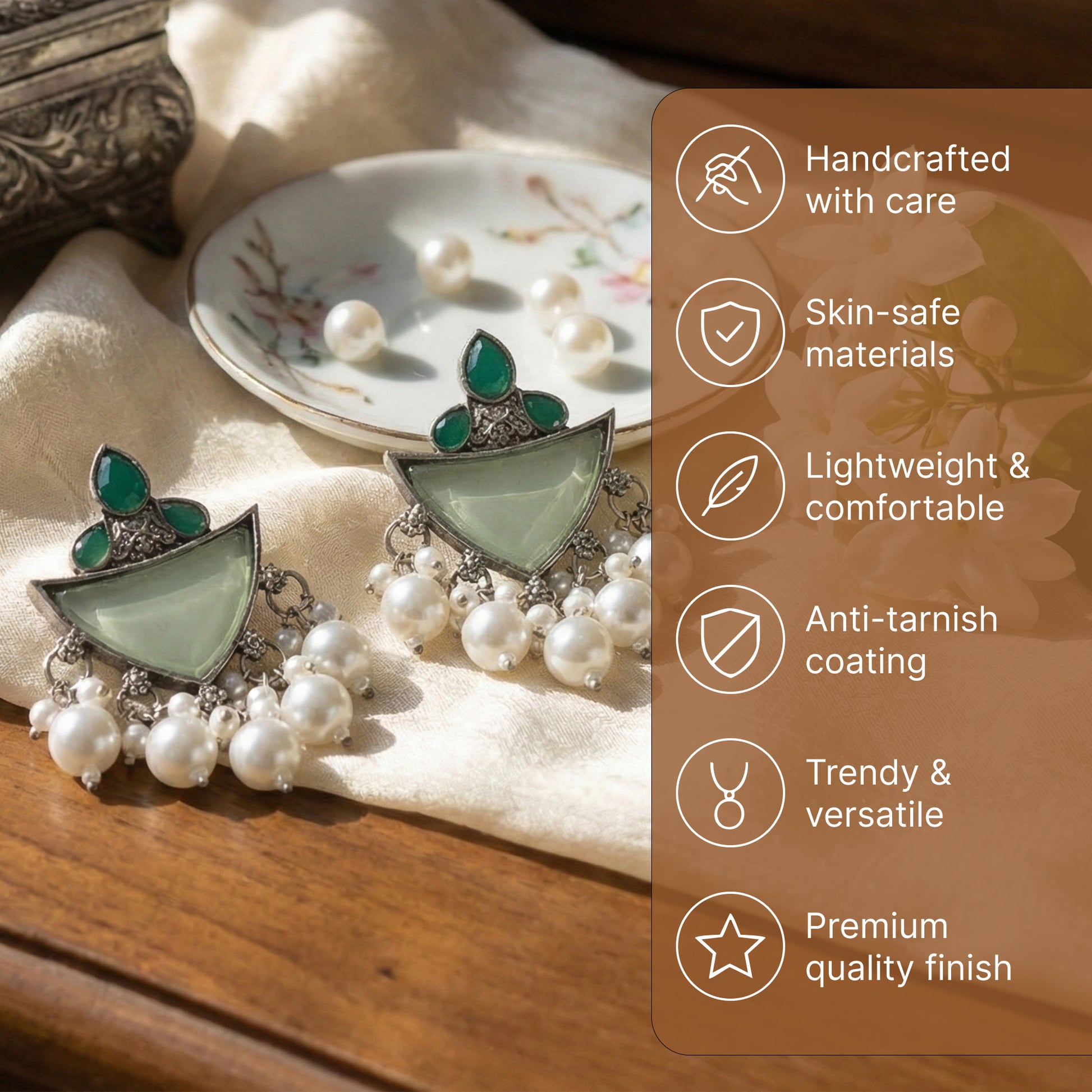 Yellow Chimes green stone earrings - festive wear