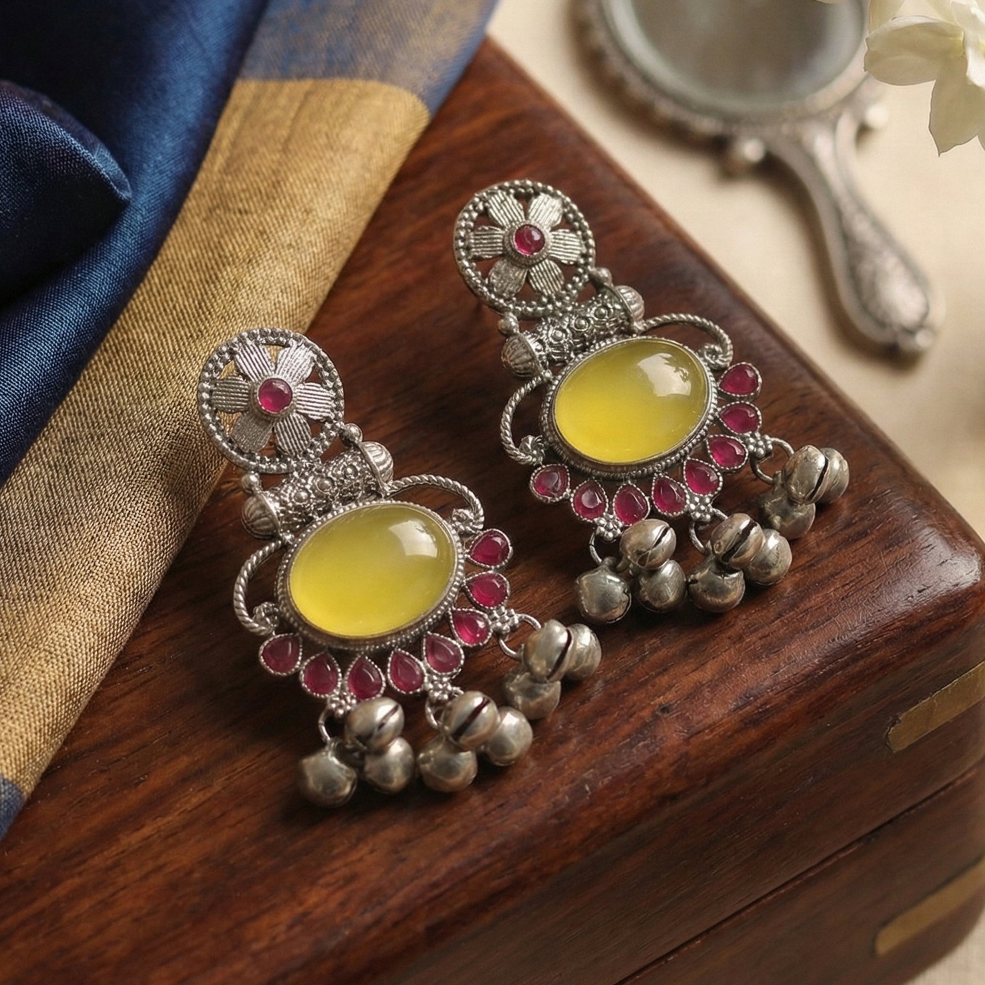 Yellow Chimes ruby stone ghungroo earrings - wedding jewelry