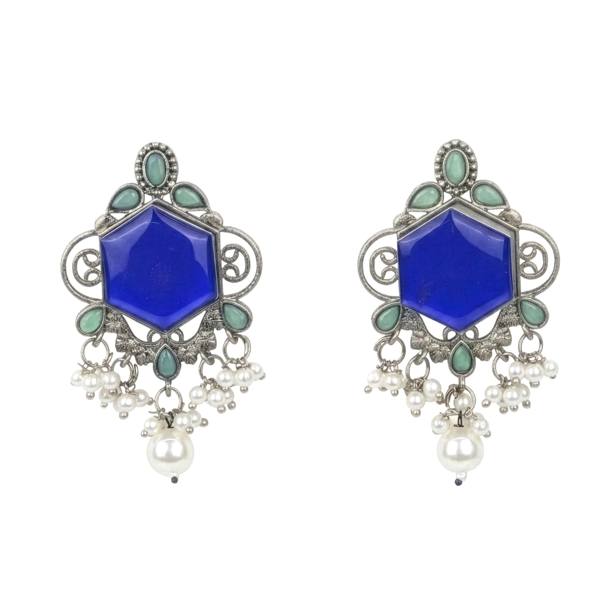 Yellow Chimes oxidised blue stone pearl earrings - traditional styling