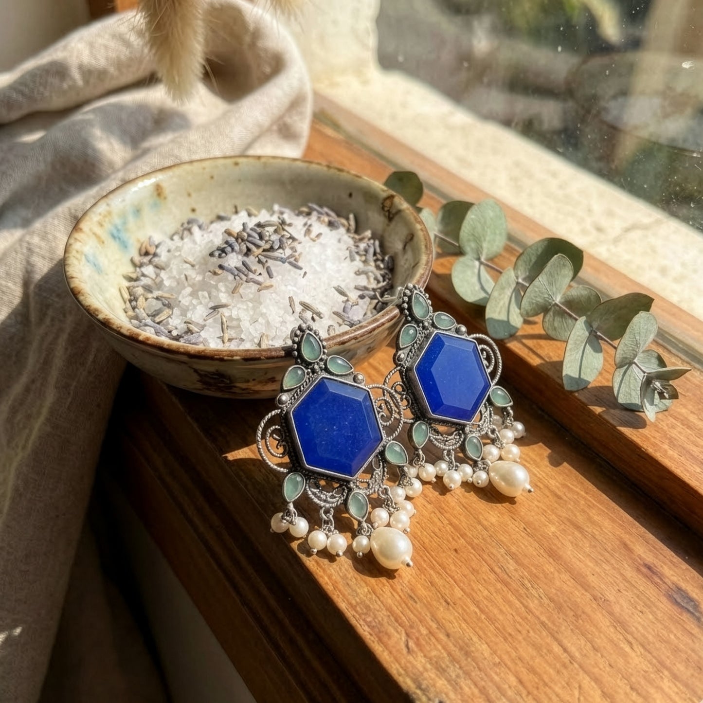Yellow Chimes oxidised blue stone pearl earrings - elegant gift