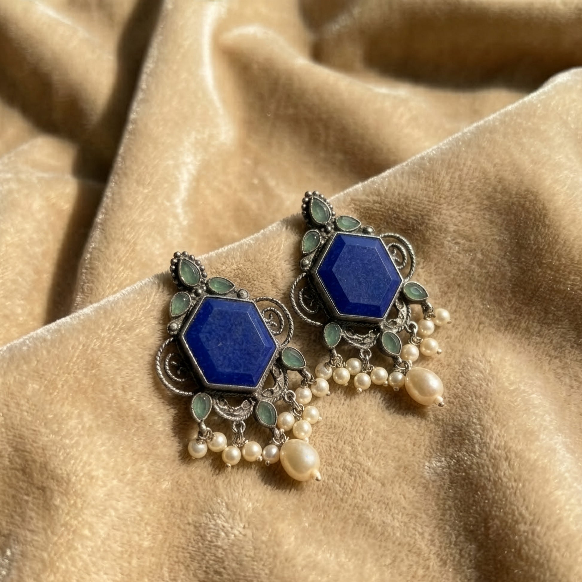 Yellow Chimes oxidised blue stone pearl earrings - wedding wear