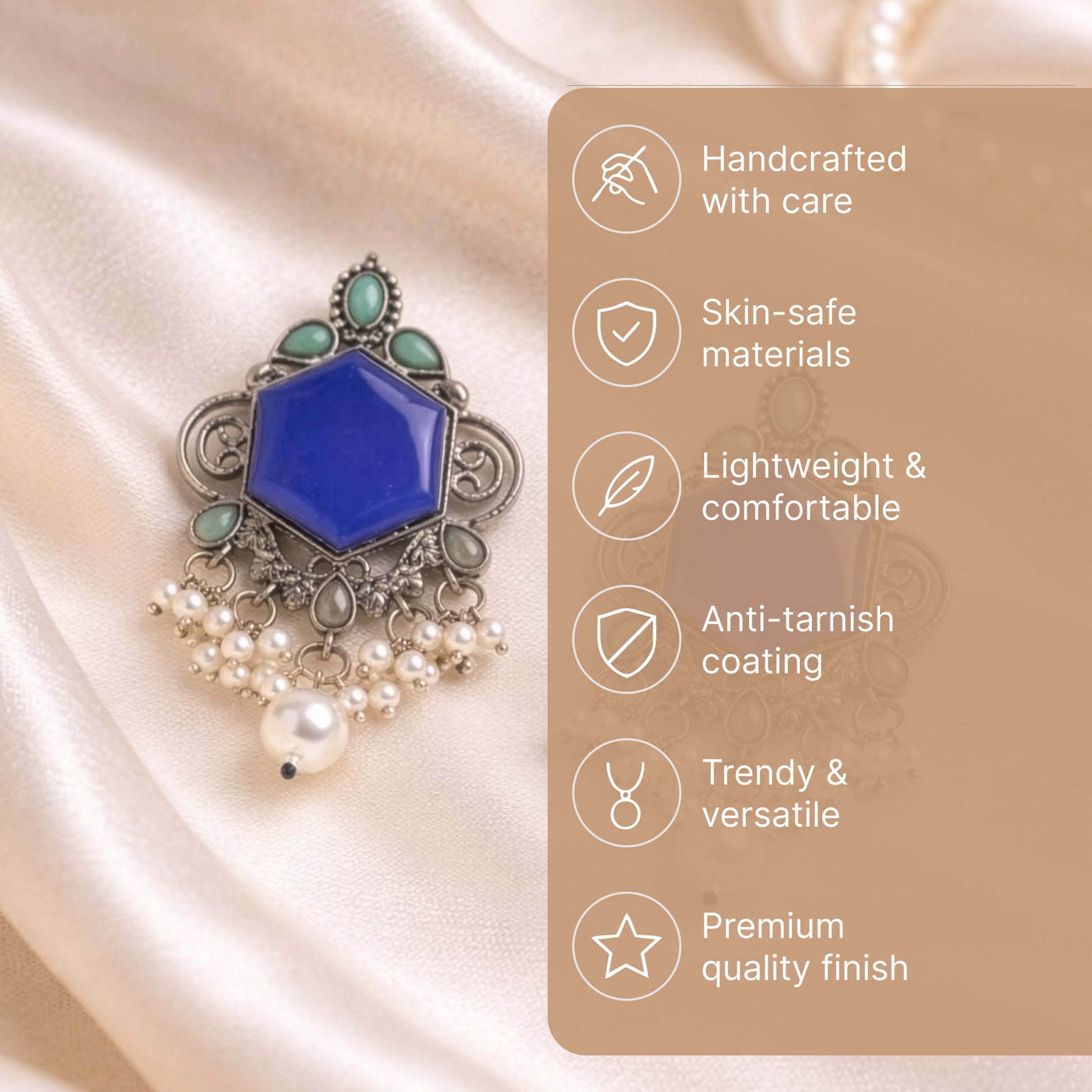 Yellow Chimes oxidised blue stone pearl earrings - festive occasions
