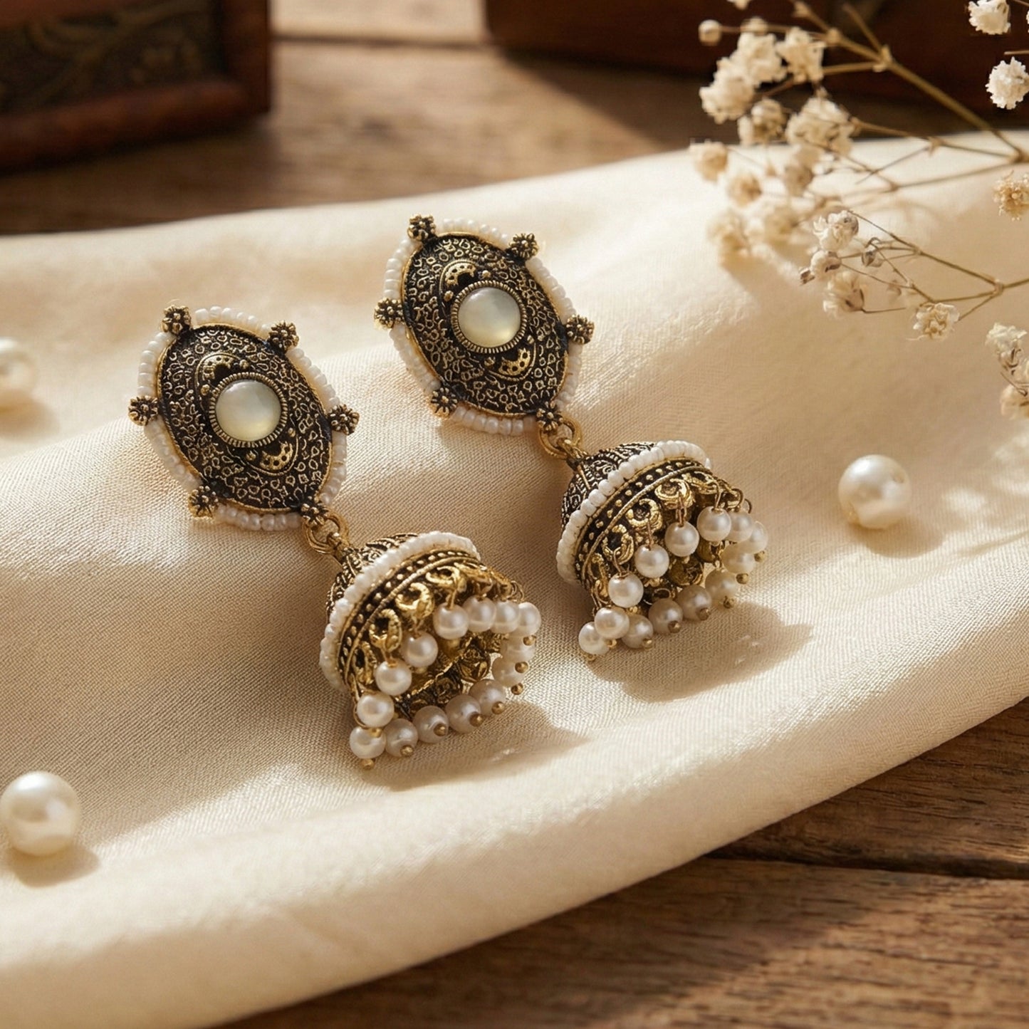 Yellow Chimes studded pearl earrings - Elegant traditional jewelry
