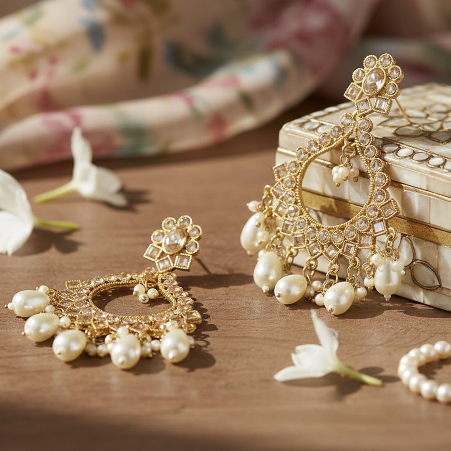 Yellow Chimes pearl chandbali earrings - festive celebrations
