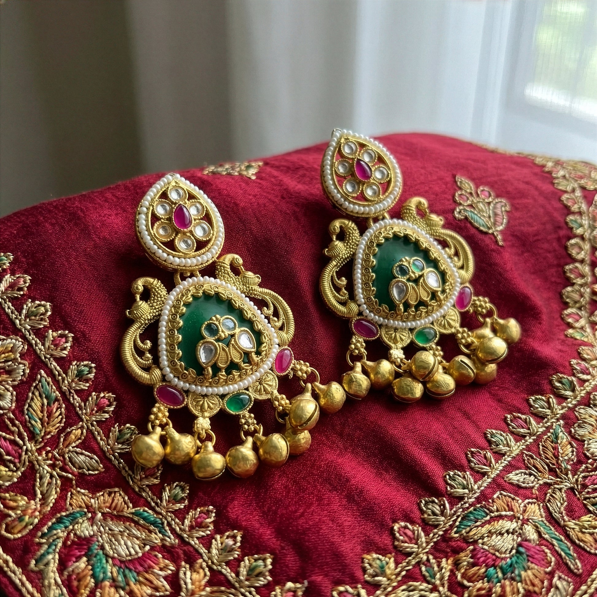 Yellow Chimes green and red earrings - Ethnic occasions