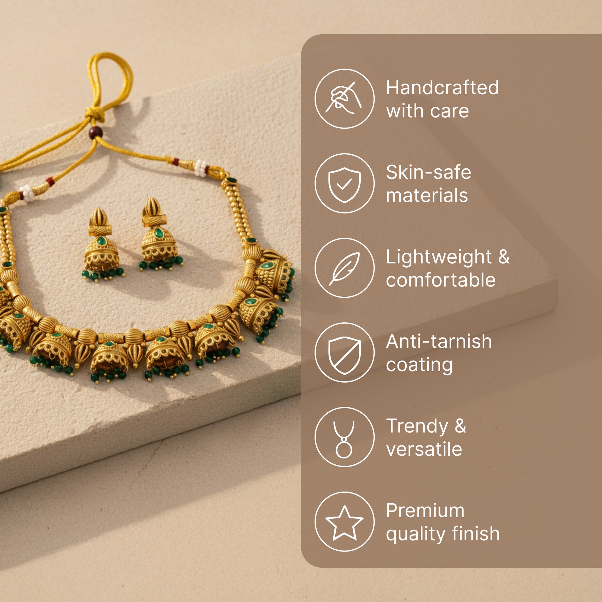 Yellow Chimes green stone jhumka jewellery set - festive wear