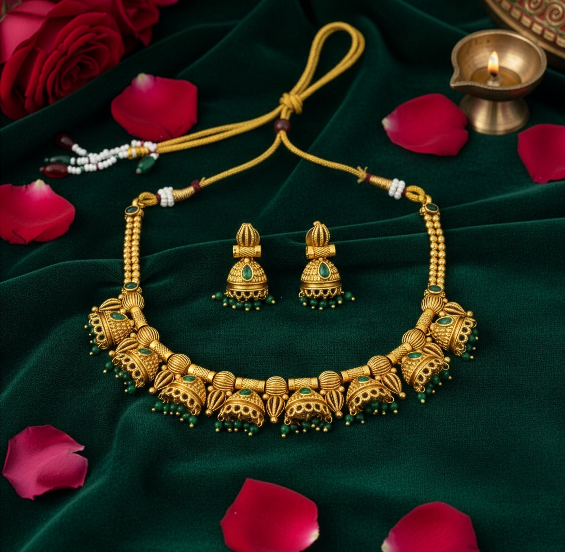 Yellow Chimes green stone antique set - anniversary gift
