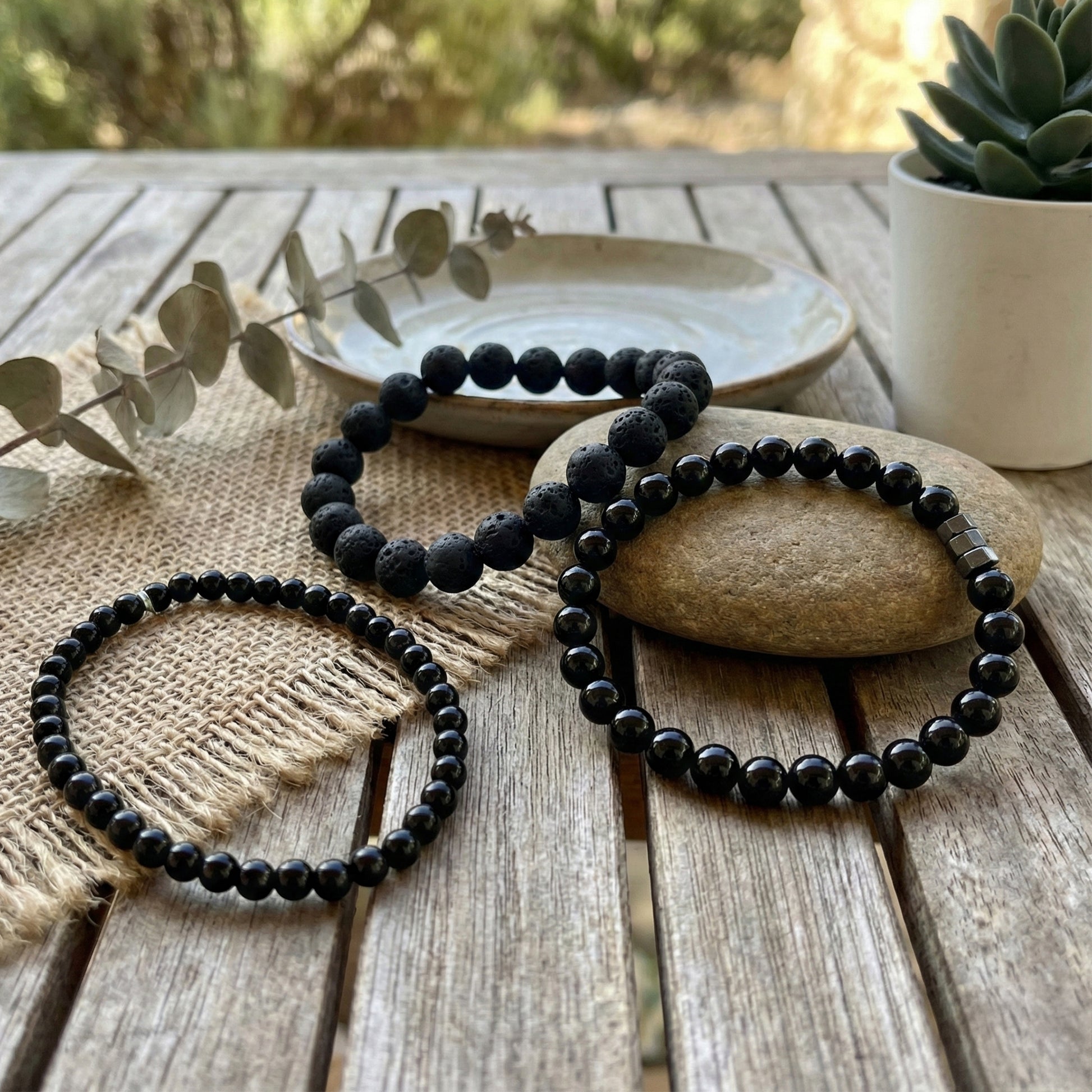 Yellow Chimes fashion black beaded stack - gift for him
