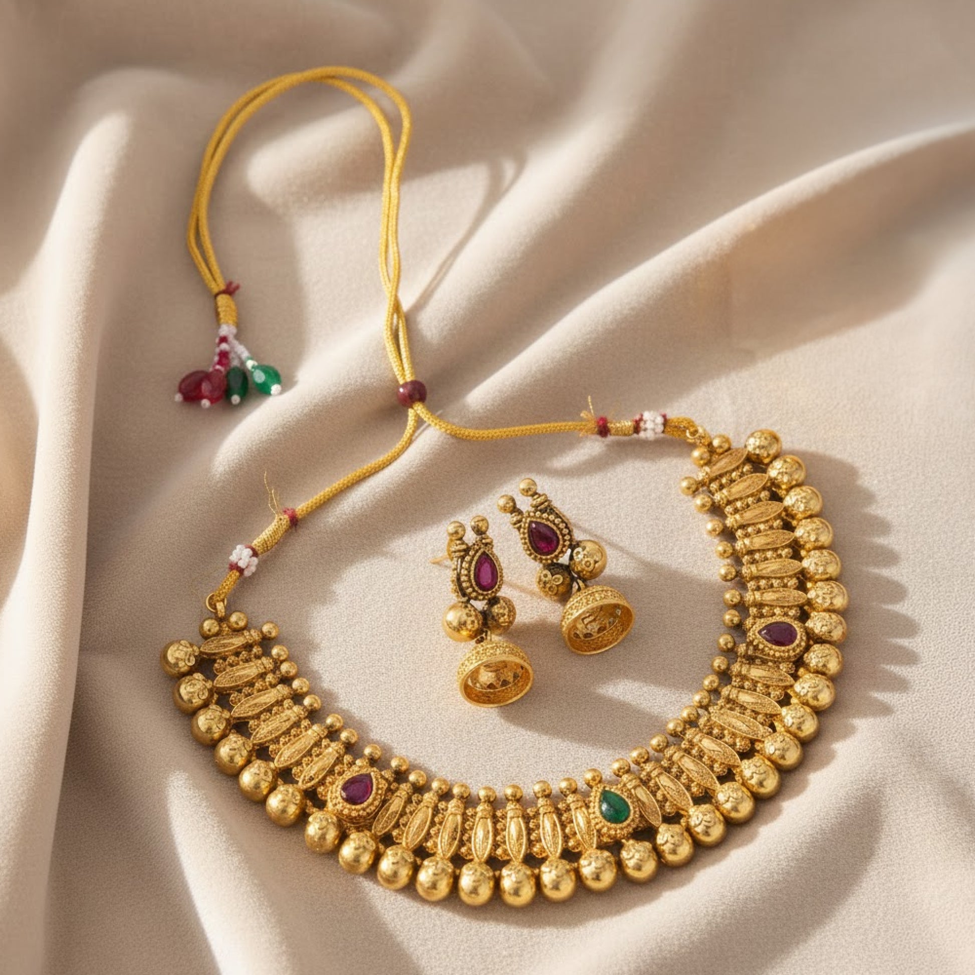 Yellow Chimes elaborate temple jewellery - Silk saree pairing