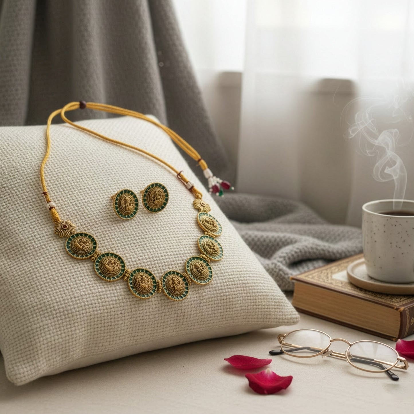 Yellow Chimes Green Enamel Earrings - Traditional Indian Jewelry