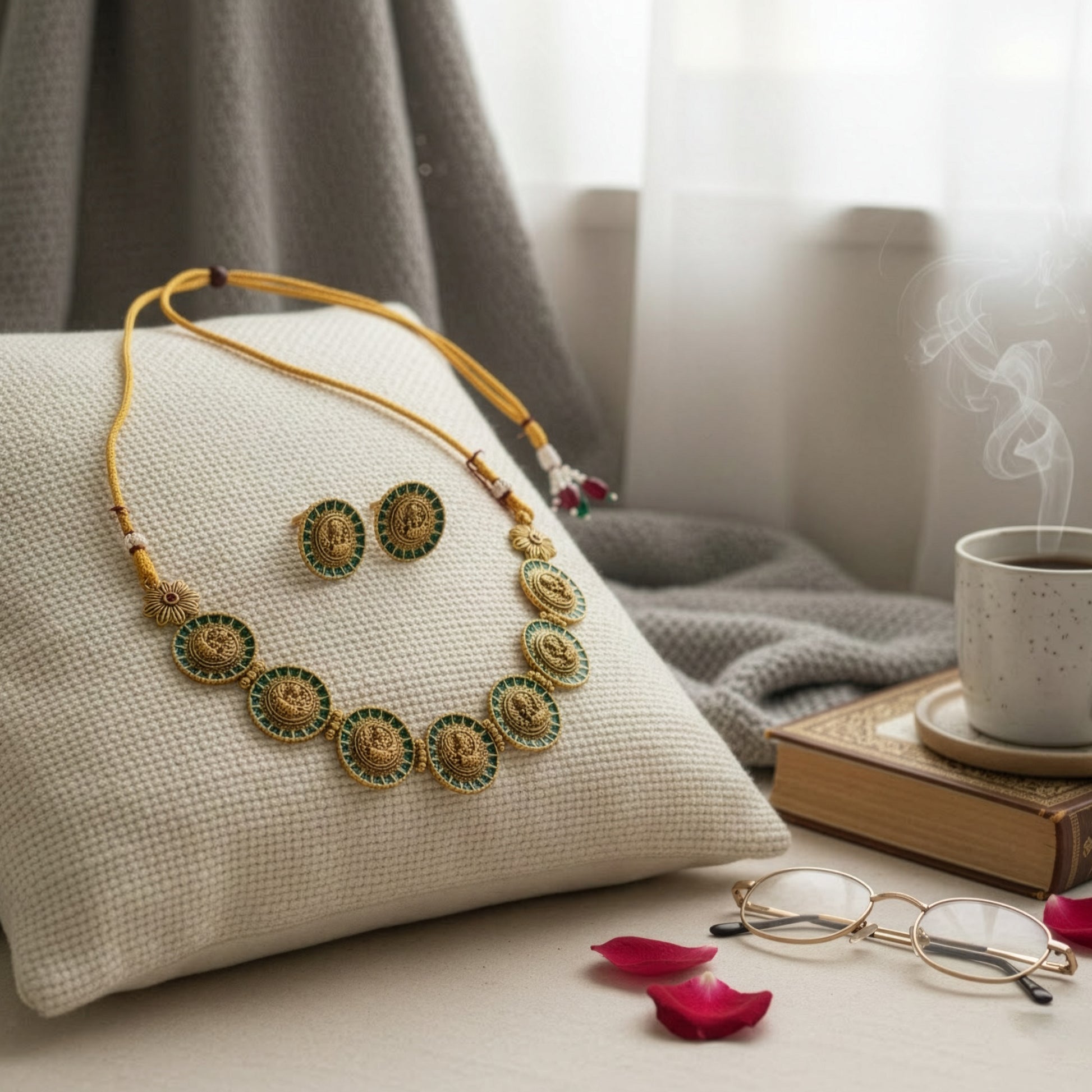 Yellow Chimes Green Enamel Earrings - Traditional Indian Jewelry