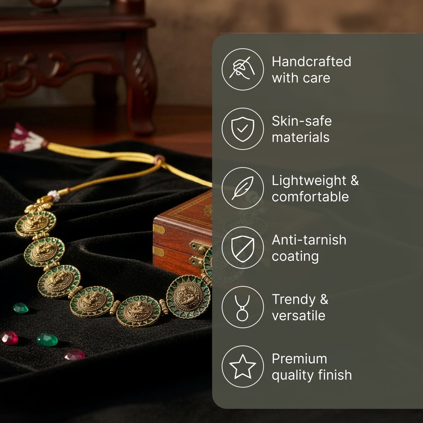 Yellow Chimes Green Enamel Lakshmi Choker Set - Festive Wear