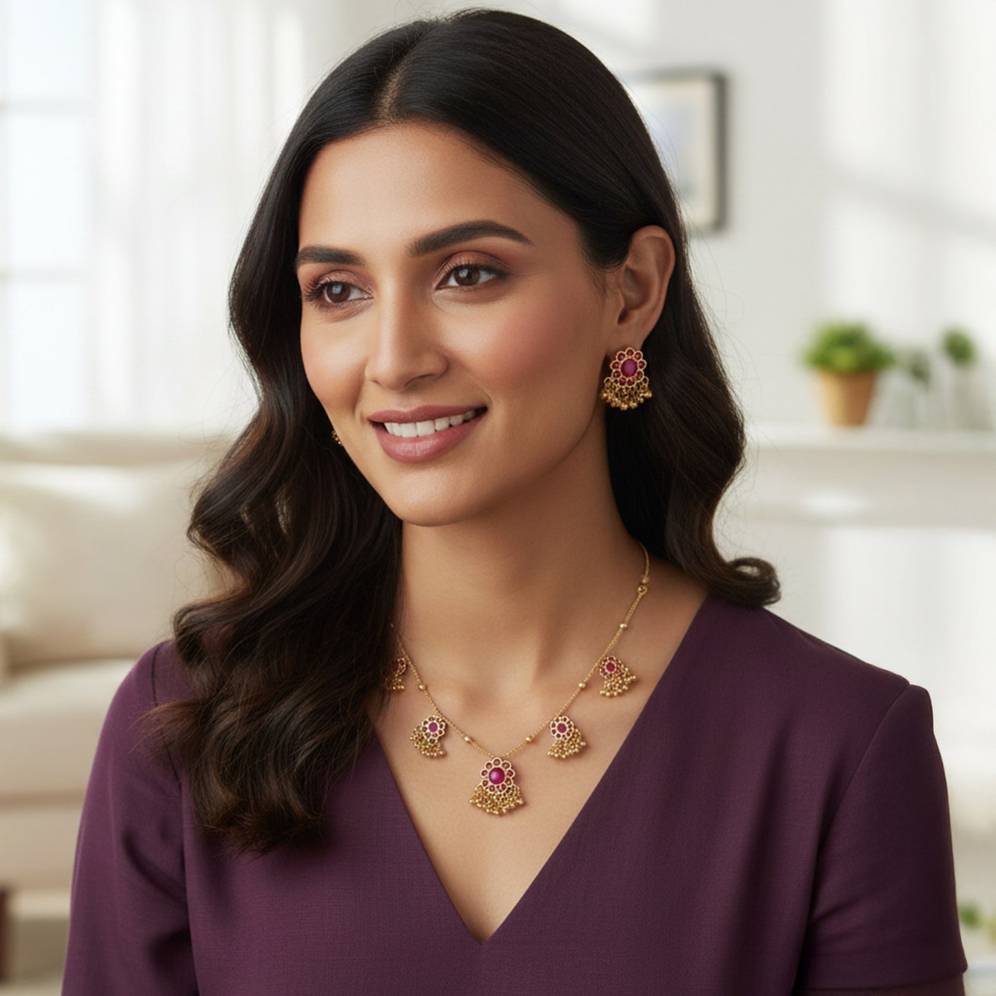 Yellow Chimes Floral Pink Stone Necklace - Festive Occasions