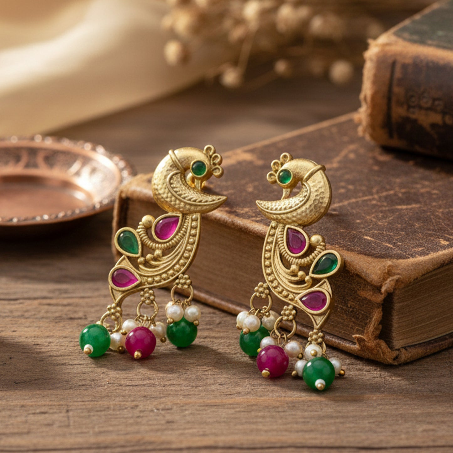Yellow Chimes ethnic peacock earrings - for festive occasions