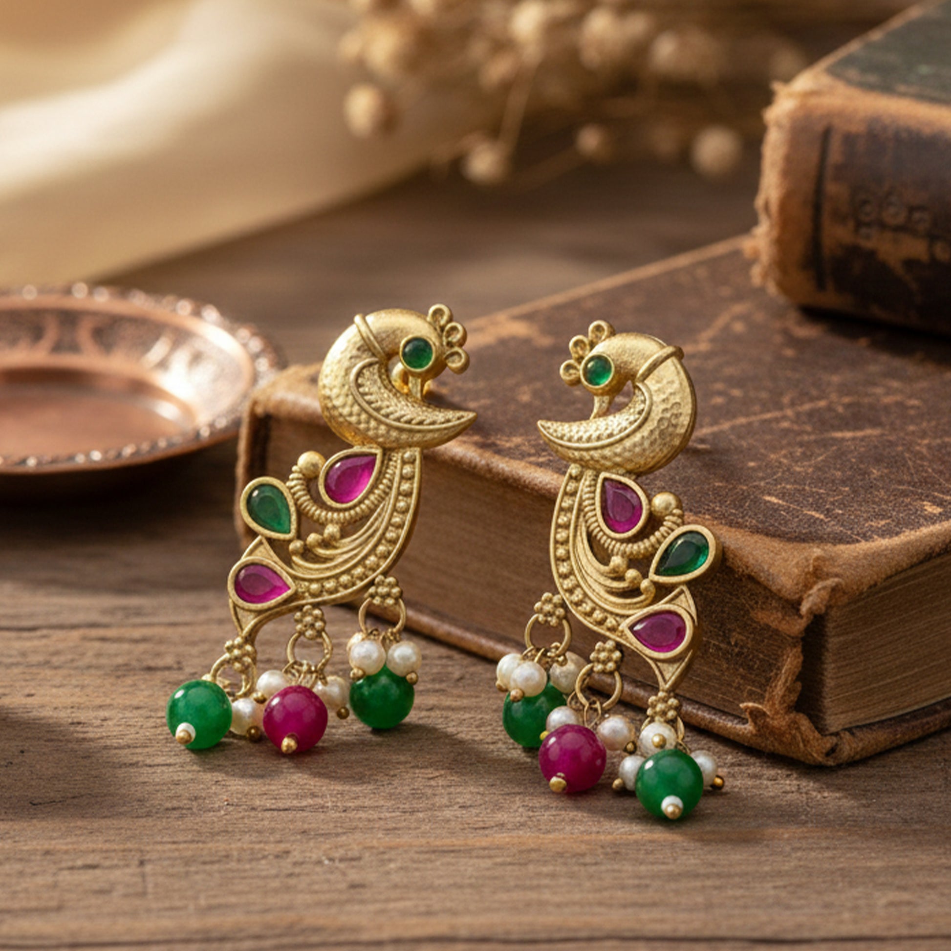 Yellow Chimes ethnic peacock earrings - for festive occasions