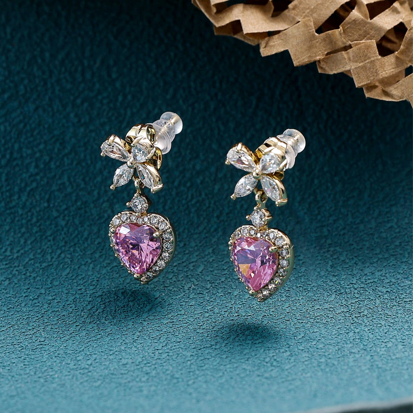 Yellow Chimes pink crystal heart earrings - Date night accessory