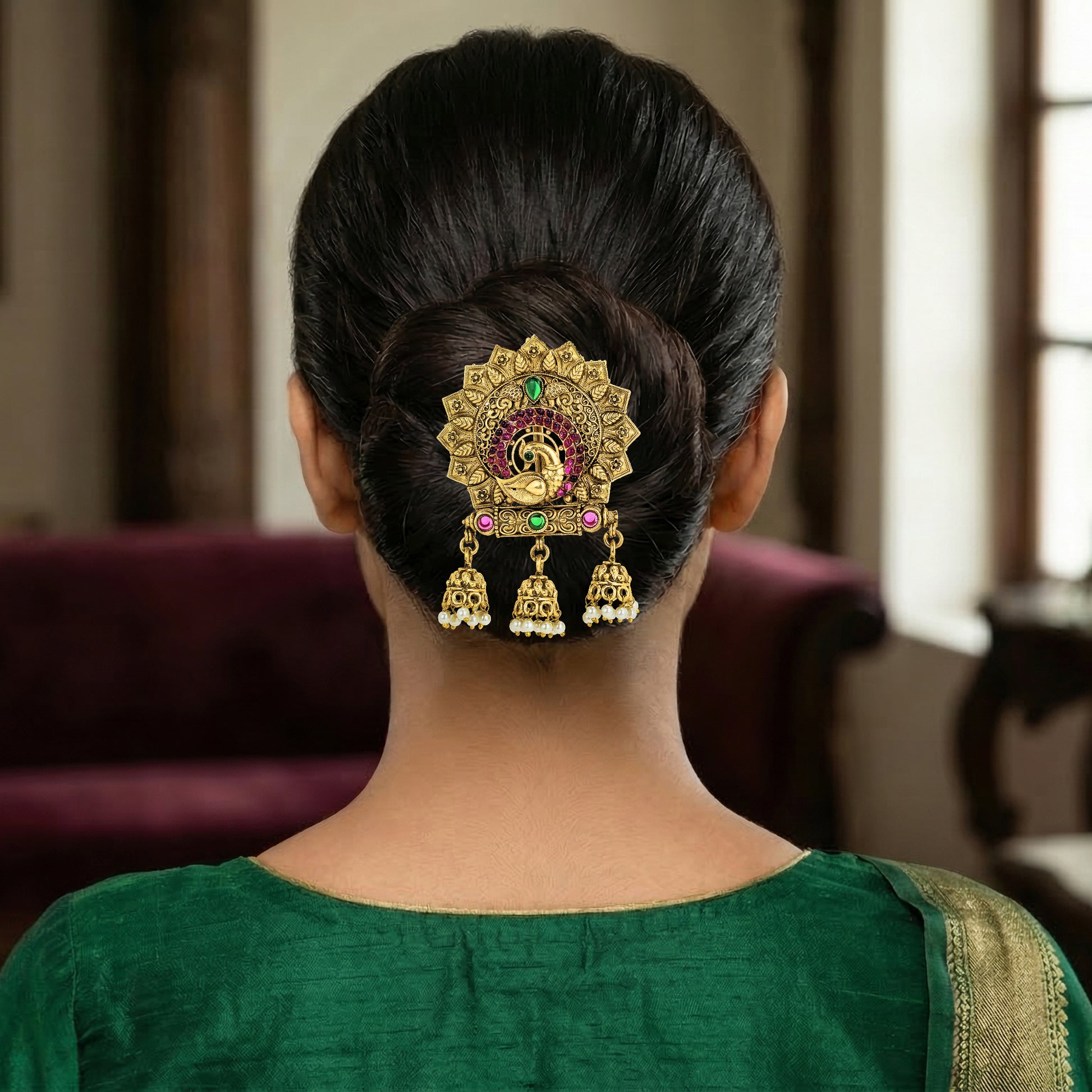 Yellow Chimes Kundan jhumka - Unique ethnic hairstyle embellishment