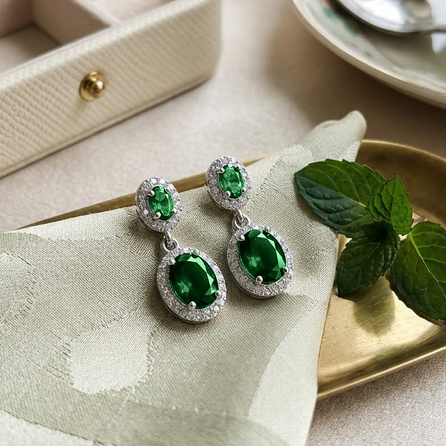 Yellow Chimes green stone halo studs - Office wear accessory