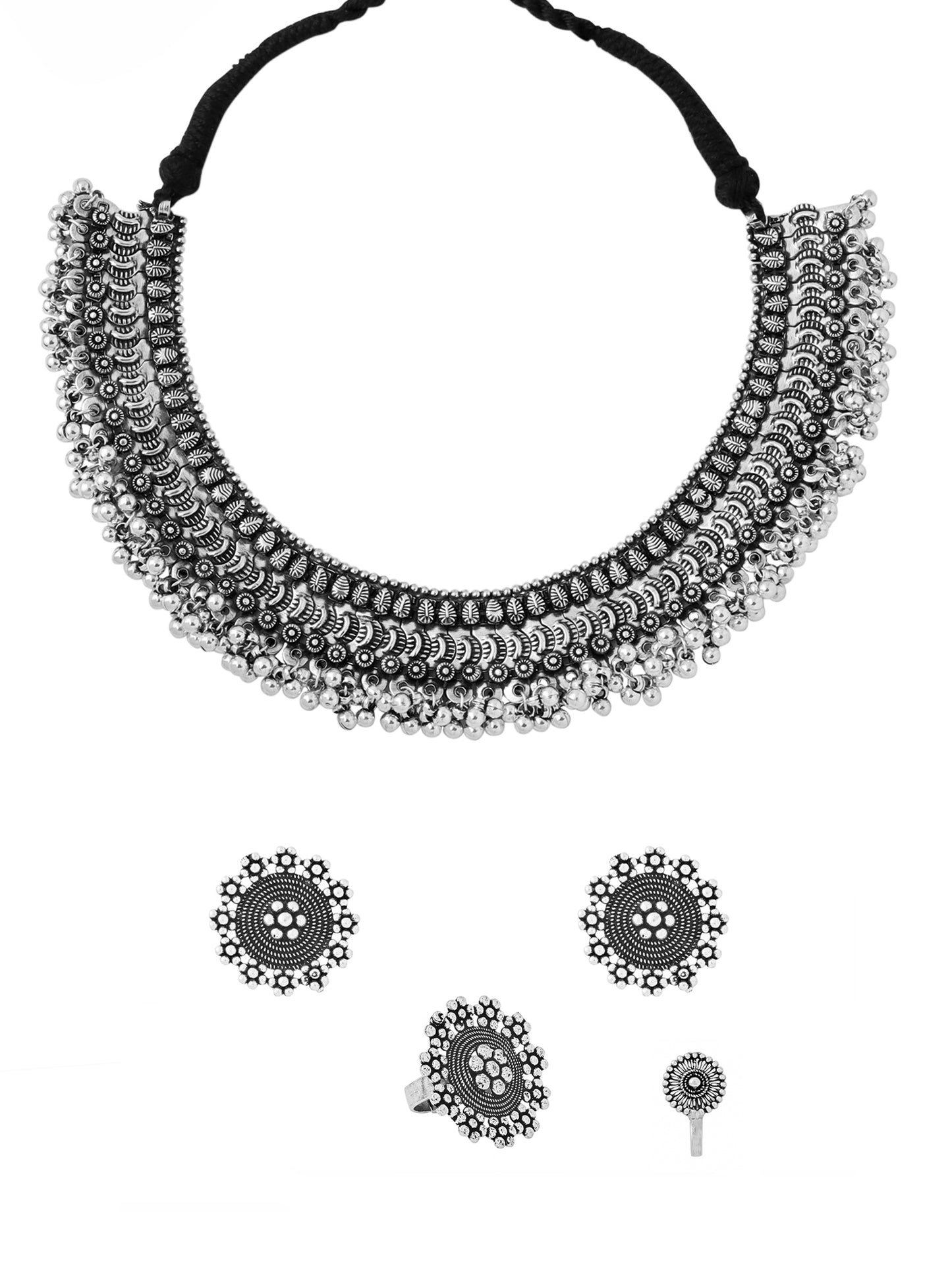 Yellow Chimes Classic German Silver Oxidised Crafted Traditional Choker Necklace Set With Earring Jewellery Set Jewellery Set for Women (Osidized Silver) (YCTJNS-32OXDCHK-SL)