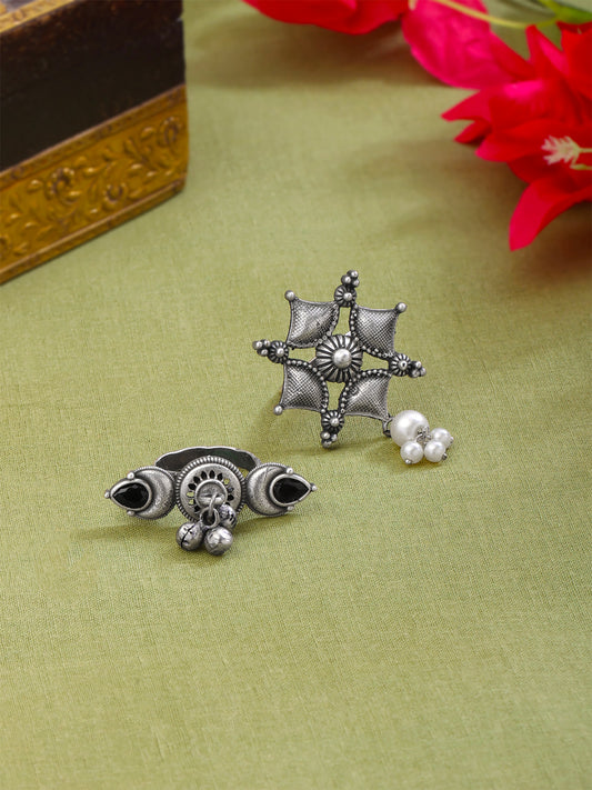 Combo: Oxidised Silver Ring Set for Women - Adjustable | 2Pcs | Classic Design | Silver