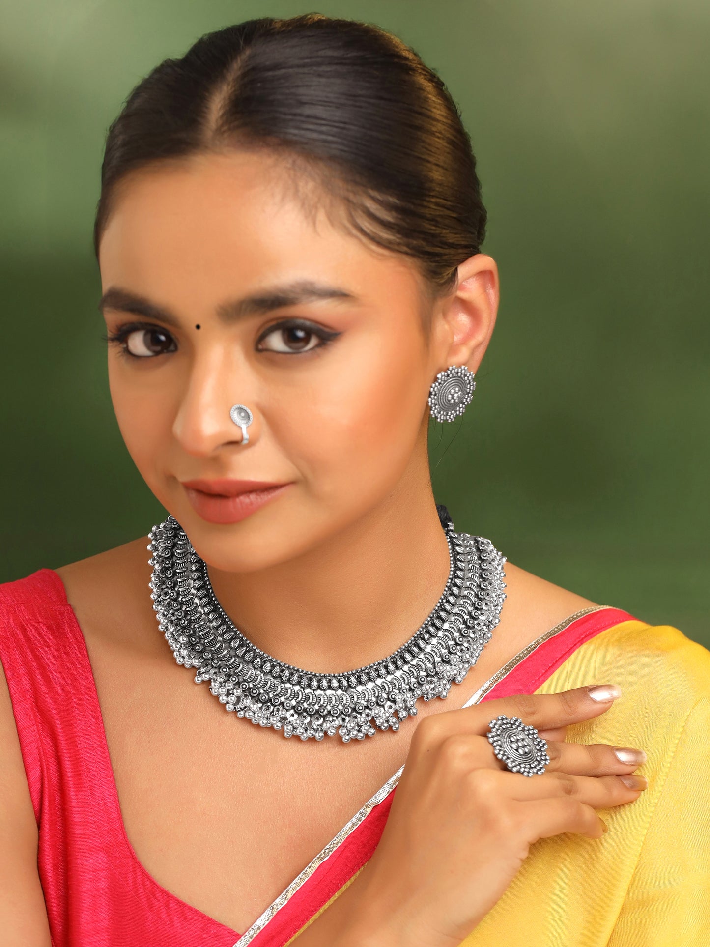 Yellow Chimes Jewellery Set for Women and Girls Traditional Silver Oxidised Jewellery Set Black Choker Set | Threaded Choker Necklace Set for Women | Birthday Gift For Girls and Women Anniversary Gift for Wife