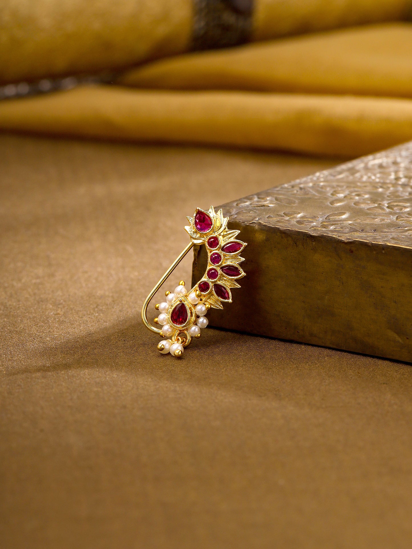 YCT Nose Pin: Elegant Gold Non-Piercing Nose Ring with Red Stone | One Size | For Women