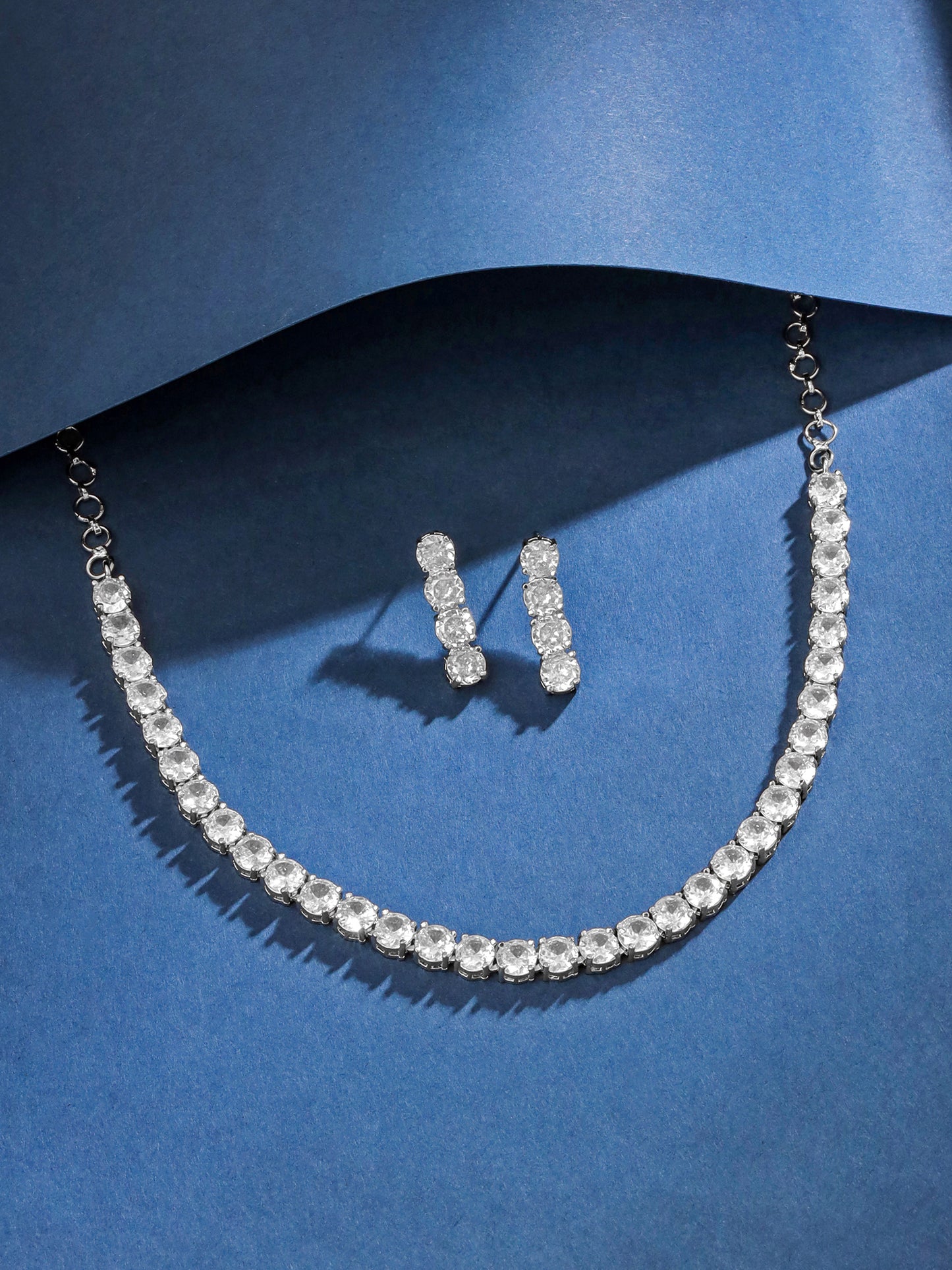 Yellow Chimes American Diamond Necklace Set For Women | White Stone Silver Jewellery Set For Women | Diamond Necklace Set | Birthday Gift for Girls Anniversary Gift for Wife