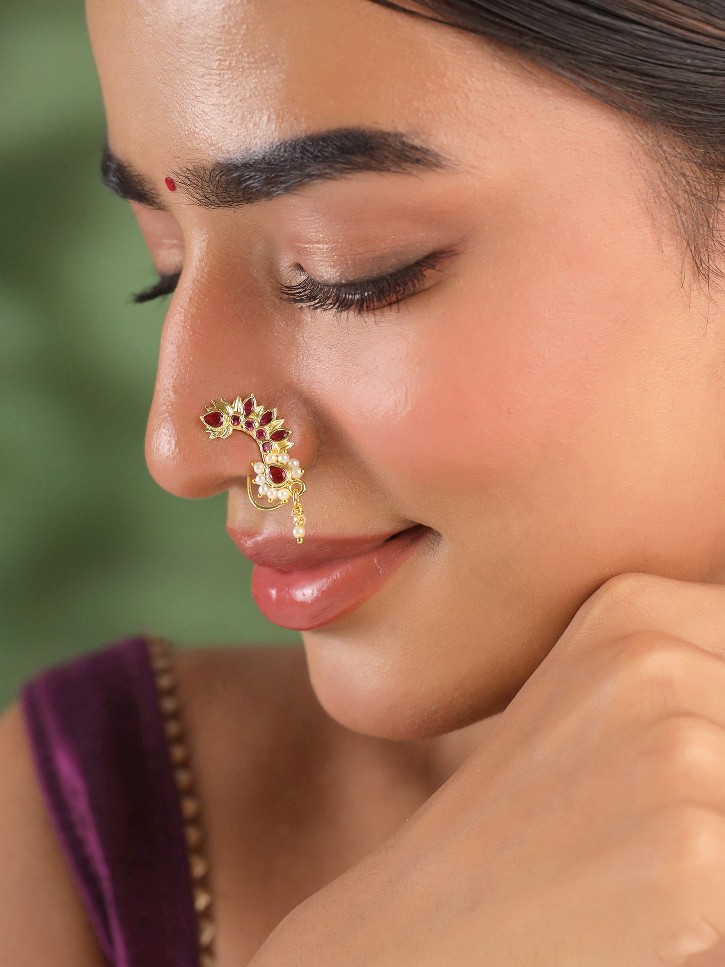 YCT Nose Pin: Elegant Gold Non-Piercing Nose Ring with Red Stone | One Size | For Women